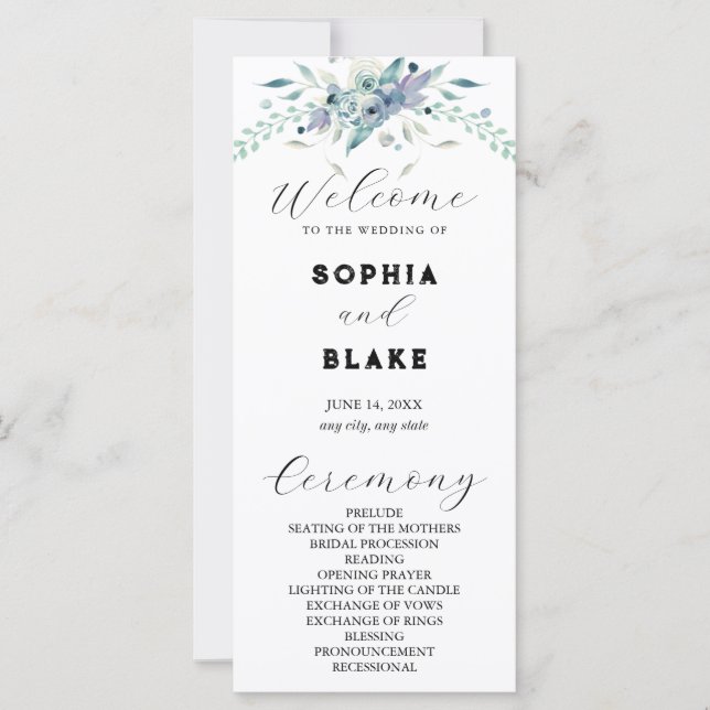 Elegant blå och grön blomsterbröllopsprogram (Framsida)