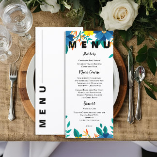 Elegant Blå och Gul Blommig Trädgårdsbröllop Meny