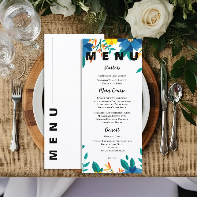 Elegant Blå och Gul Blommig Trädgårdsbröllop Meny (Elegant Blue and Yellow Floral Garden Wedding Menu)