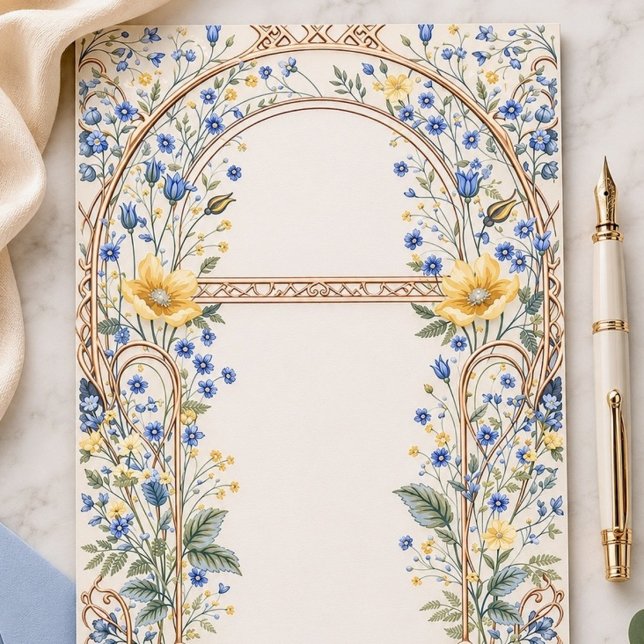 Elegant blå och gul blomsterbåge brevpapper (Skapare uppladdad)