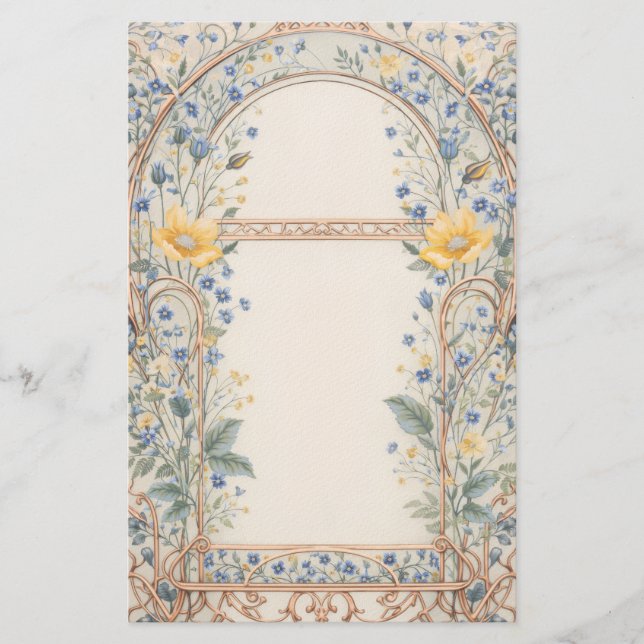 Elegant blå och gul blomsterbåge brevpapper (Framsida)