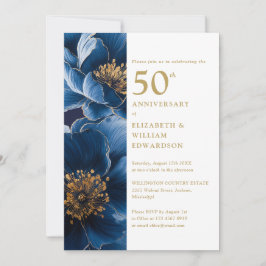 Elegant blå och gul blomstermotiv 50-årsjubileum inbjudningar