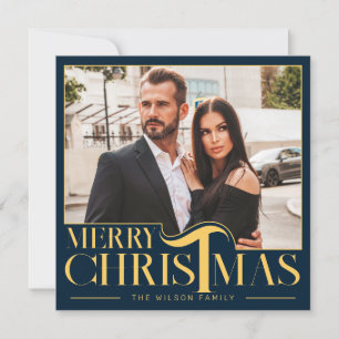 Elegant blå och gul God Jul familjefoto Julkort