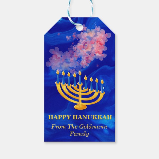 Elegant blå och gul menorah God Hanukkah  Presentetikett (Framsidan)