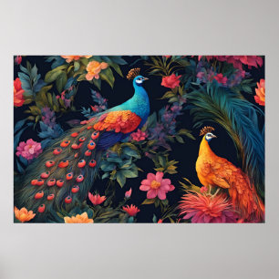 Elegant blå och gul påfågel i färggrann trädgård poster