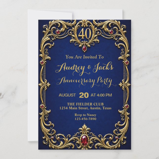 Elegant blå och guld 40-årsjubileum inbjudningar (Framsida)