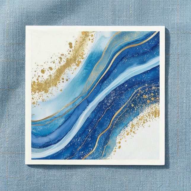 Elegant Blå och Guld Akvarell Pappersservett (Elegant Blue and Gold Watercolor Napkins.)