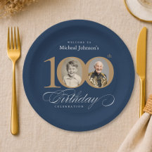 Elegant blå och guld anpassad foto 100-årsdag