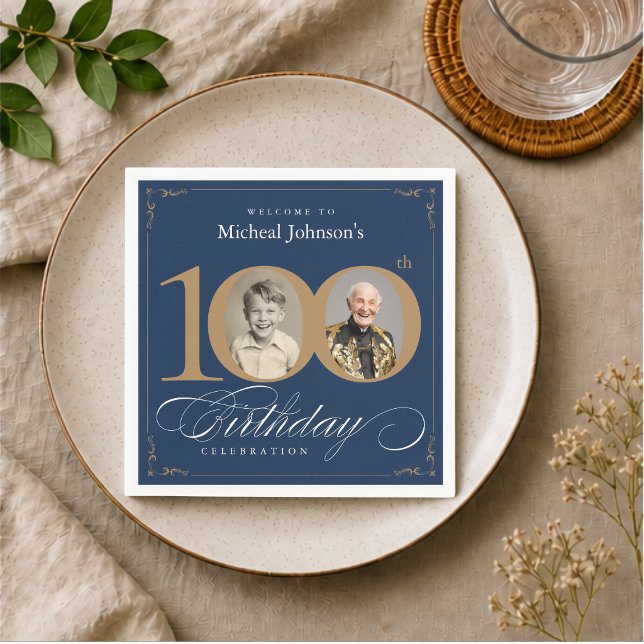 Elegant Blå och Guld Anpassad Foto 100-årsfirande Pappersservett (Elegant Blue and Gold Custom Photo 100th Birthday Napkins)