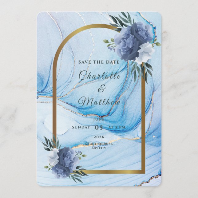 Elegant blå och guld bröllop Save the Date  Spara Datumet (Framsida)