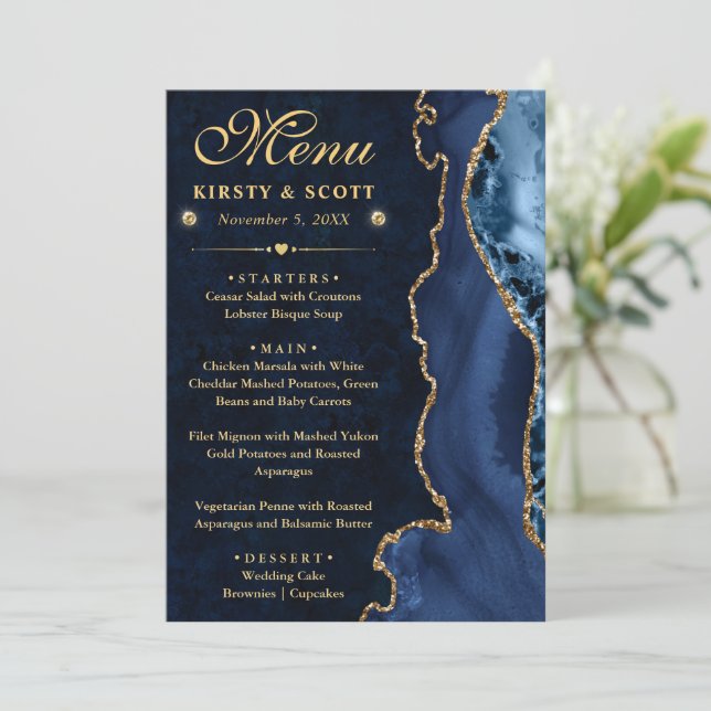Elegant blå och guld falsk glimmer agat bröllop meny (Stående Fram)