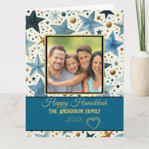Elegant blå och guld Glad Hanukkah familjefoto Kort