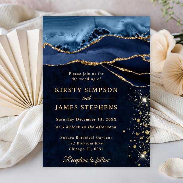 Elegant blå och guld glitter agat bröllop inbjudningar (Skapare uppladdad)