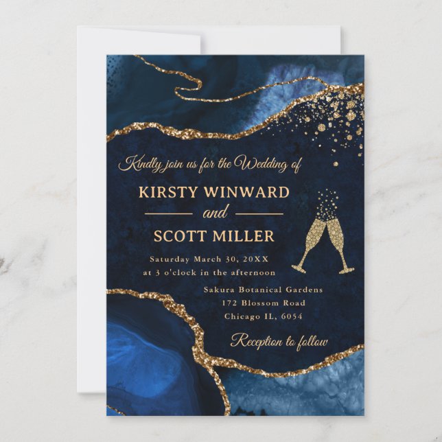 Elegant blå och guld glitter agat vigselring inbjudningar (Framsida)