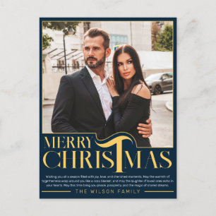 Elegant blå och guld God Jul familjefoto Helg Vykort
