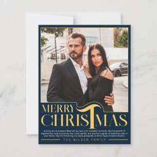 Elegant blå och guld God Jul familjefoto Julkort