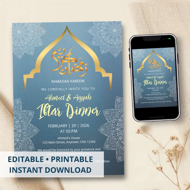Elegant blå och guld Iftar-inbjudan Inbjudningar (Skapare uppladdad)