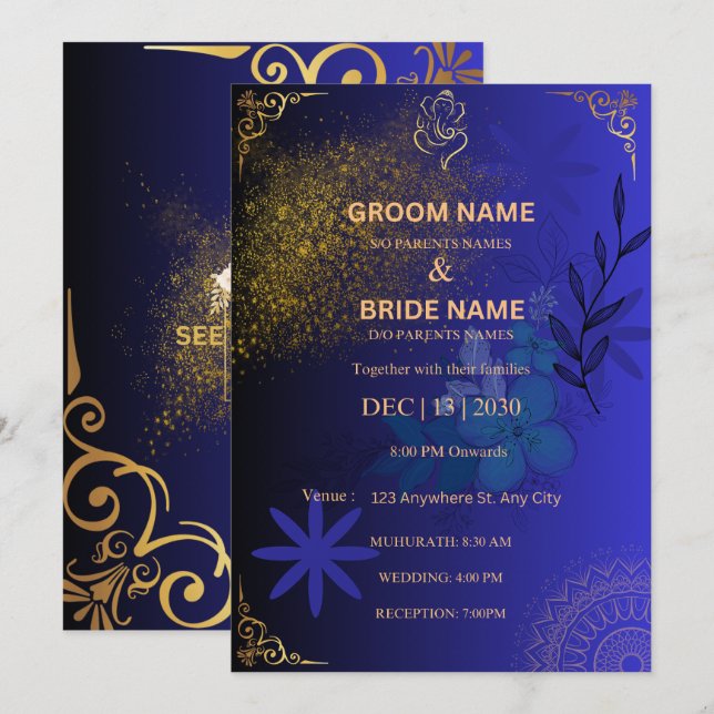 Elegant blå och guld indisk bröllopsinbjudan inbjudningar (Fram/baksida)