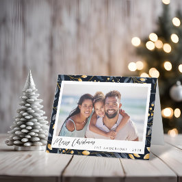 Elegant Blå och Guld julfoto med Löv Helgkort