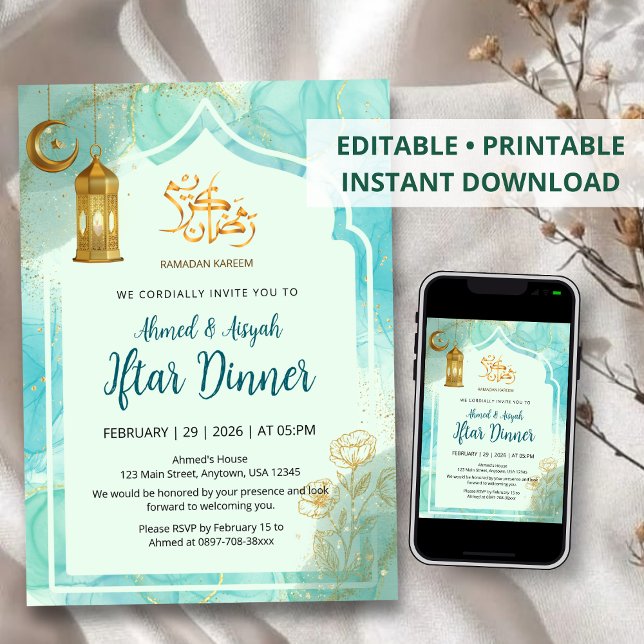 Elegant blå och guld med marmorerad textur Iftar Inbjudningar (Skapare uppladdad)