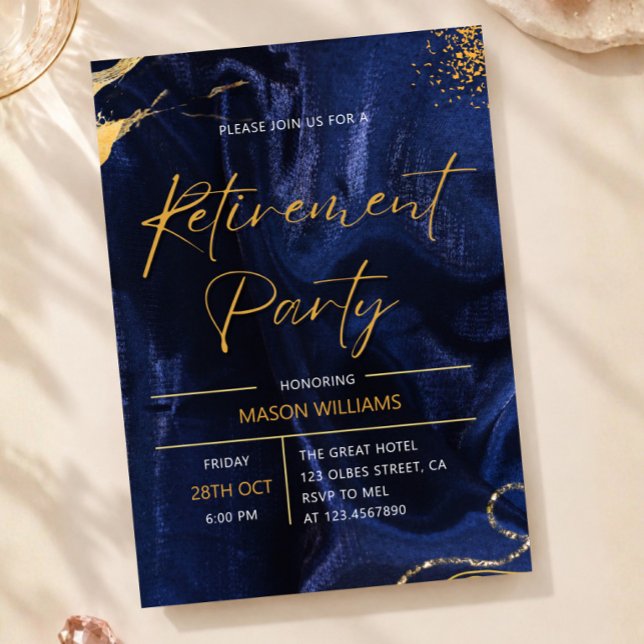 Elegant blå och guld pensionsfest  inbjudningar (retirement party invitation, elegant retirement party, navy blue retirement, navy gold retirement, r)