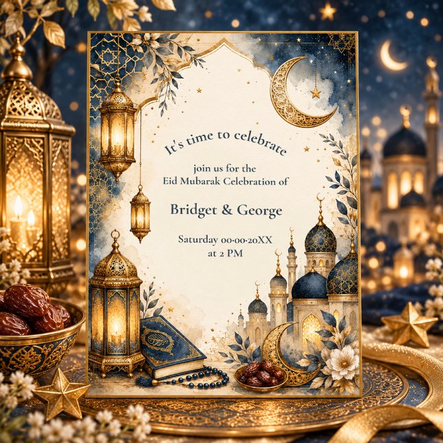 Elegant blå och guld Ramadan Eid Mubarak  (Skapare uppladdad)