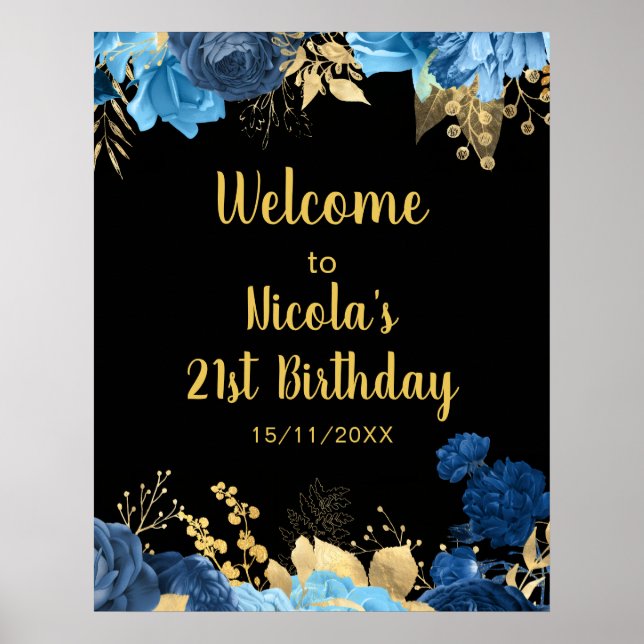 Elegant blå och gulda blommor födelsedagsfest poster (Framsidan)