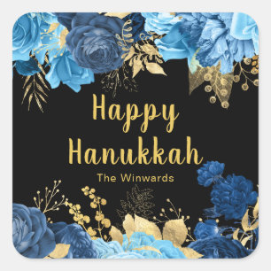 Elegant blå och gulda blommor Hanukkah-fest Fyrkantigt Klistermärke
