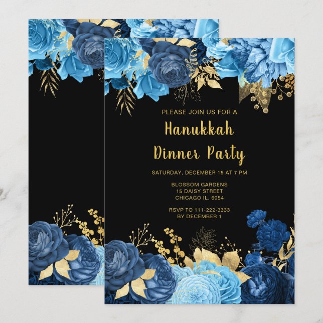 Elegant blå och gulda blommor Hanukkah-fest Inbjudningar (Fram/baksida)