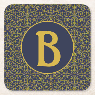 Elegant blå och guldfiligranmonogram underlägg papper kvadrat