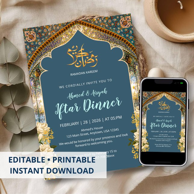 Elegant blå och guldvalv Ramadan Iftar middag Inbjudningar (Skapare uppladdad)