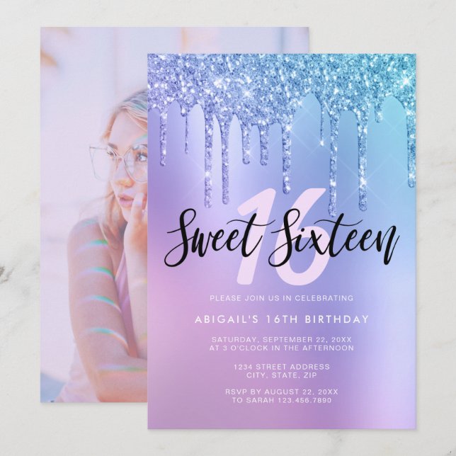Elegant blå och lila glitter droppar sweet sixteen inbjudningar (Fram/baksida)