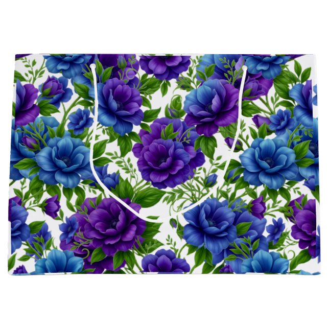 Elegant blå och lila rosblommig mönstrad handväska (Framsidan)