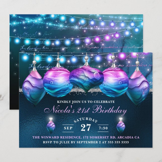 Elegant blå och lila sjöjungfru baubles födelsedag inbjudningar (Fram/baksida)