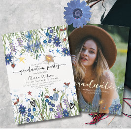 Elegant blå och marinblå blomster- och fotourtexam inbjudningar