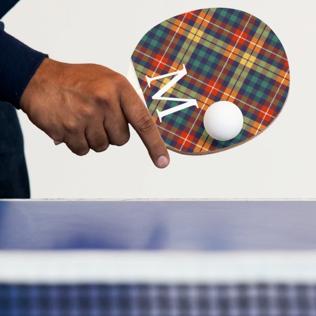 Elegant blå och orange tartan rutmönster Monogram Pingisracket (Insitu)