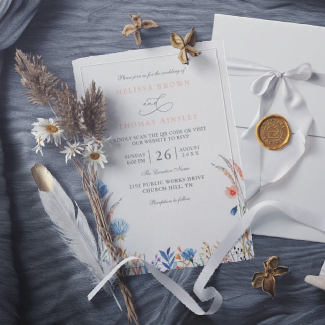 Elegant blå och orange vildblommor QR-kod bröllop Inbjudningar (Skapare uppladdad)