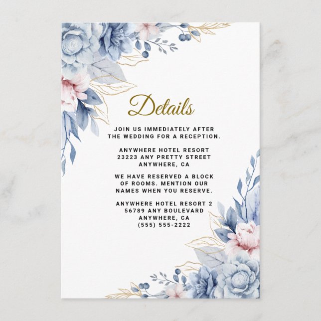 Elegant blå och rosafärgad blombröllop tilläggskort (Framsida)
