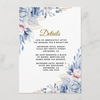 Elegant blå och rosafärgad blombröllop tilläggskort