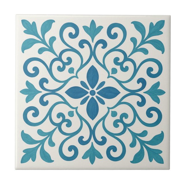 Elegant blå och turkos Medelhavs floral kakel (Framsidan)