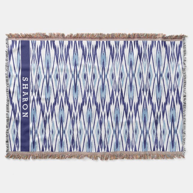 Elegant blå och vit akvatell-ikat-mönster mysfilt (Framsidan)