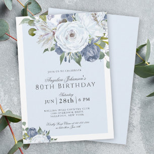 Elegant Blå och vit Blommigt 80:e Födelsedagsfeste Inbjudningar