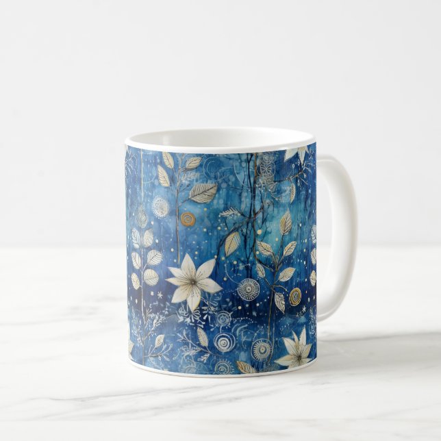 Elegant Blå och vit Blommigt Sömlös Mönster Kaffemugg (Framsida höger)