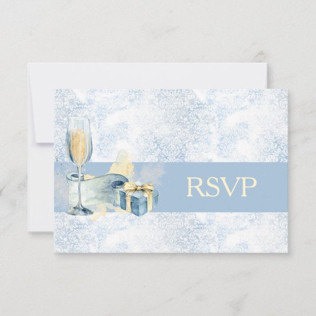 Elegant blå och vit champagne bröllop RSVP OSA Kort (Framsida)
