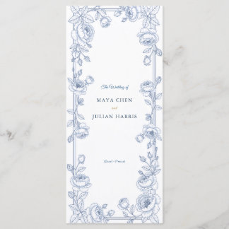 Elegant blå och vit chinoiserie blomsterbröllop program