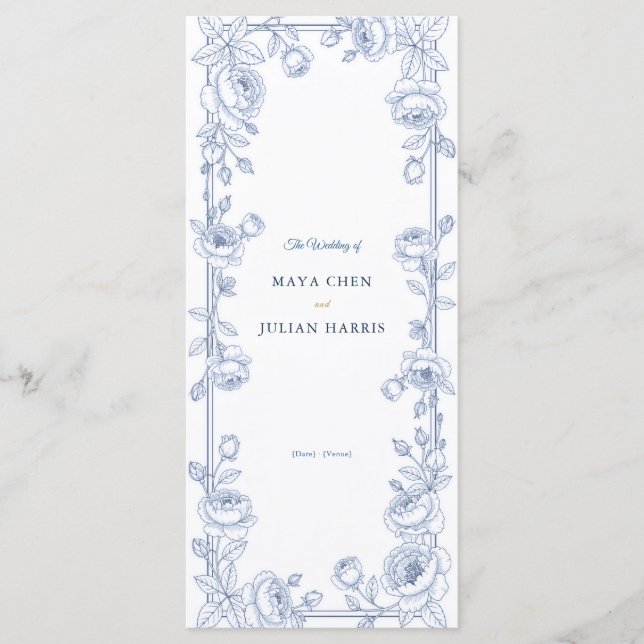 Elegant blå och vit chinoiserie blomsterbröllop program (Framsida)