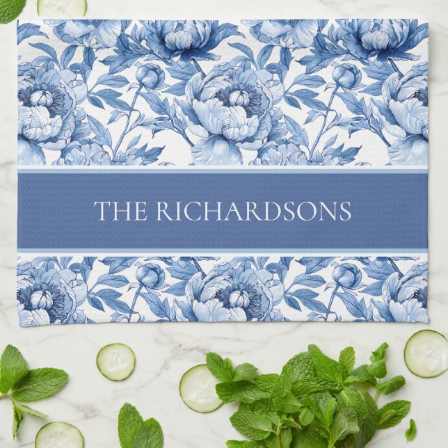 Elegant blå och vit chinoiserie blomsterdesign kökshandduk (Vikta)