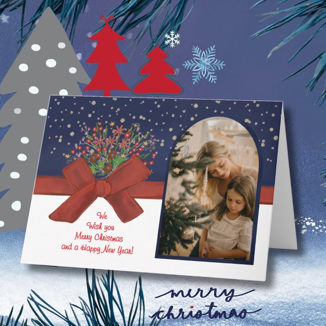 Elegant blå och vit fotoark - julgrann helgkort (Elegant Blue & White Photo Arch Christmas Bow Holiday Card)