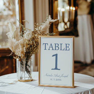 Elegant blå och vit gammal peng bröllopsbord numme inbjudningar