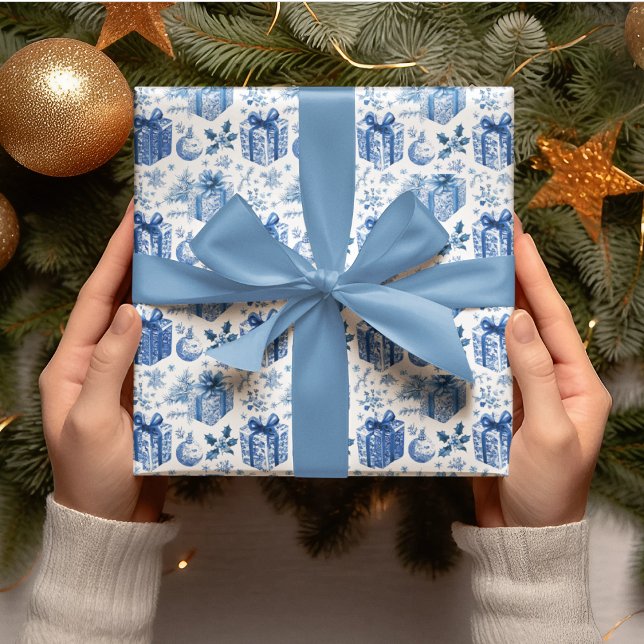 Elegant blå och vit julpresentpapper presentpapper (Skapare uppladdad)